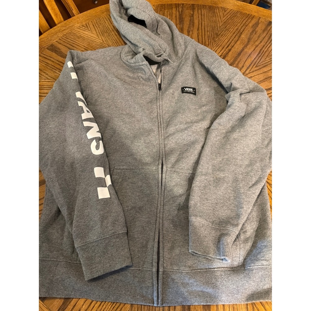 Vans Mens Gray Full Zip Hoodie Logo Sleeve Checkerboard Sweatshirt Size M